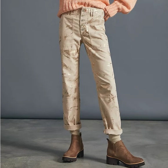 Anthropologie The Wanderer Gold Foil Print Pants Beige High Rise Straight Leg 26 - Picture 5 of 7